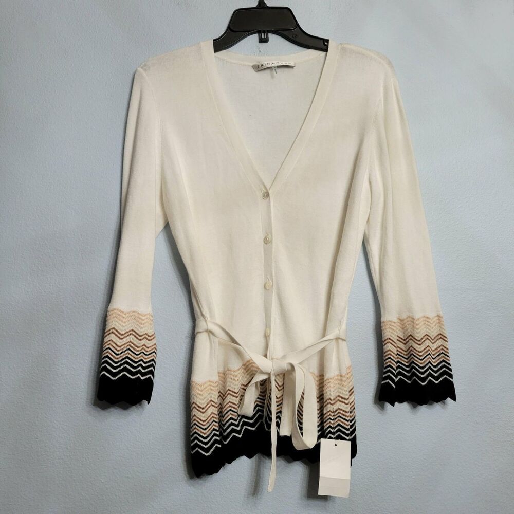 Trina Turk Chevron Knit Belted Cardigan Scallop Hem Bell Boho Chic Quiet Luxury